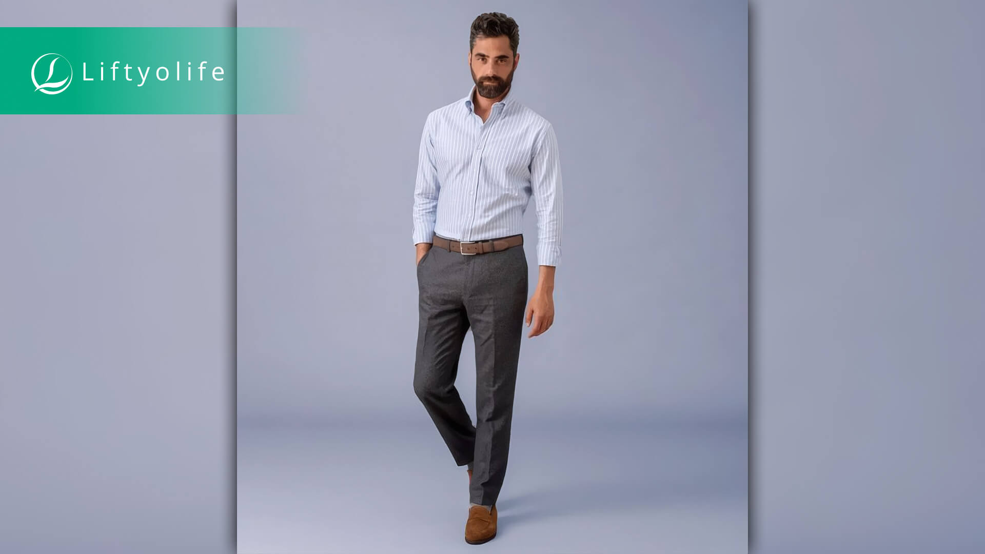 White button-down and gray wool trousers