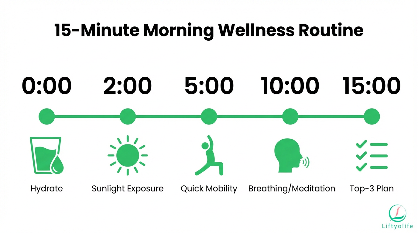 15-minute morning wellness routine timeline graphic