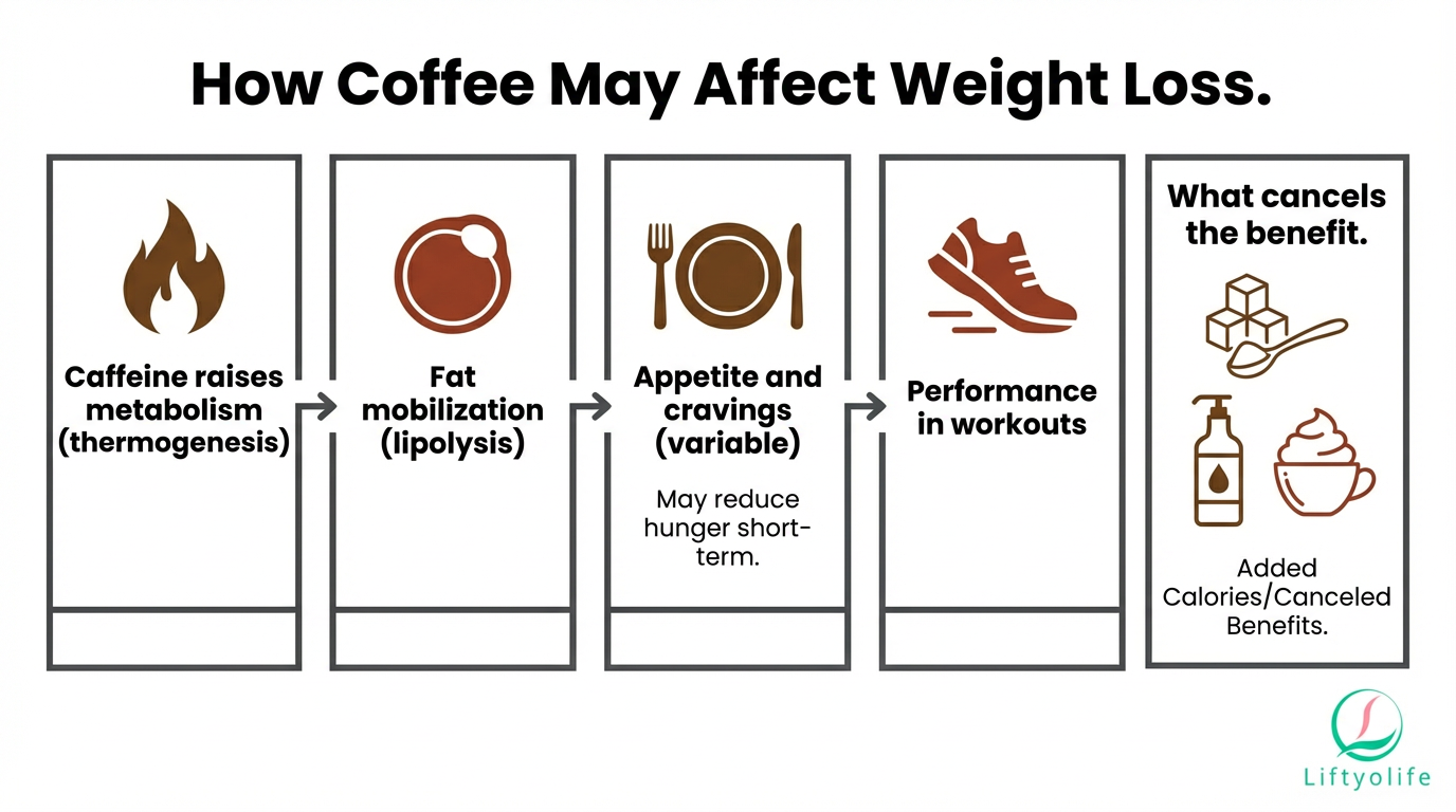 Can Coffee Help Weight Loss explained : Infographic of how coffee may affect weight loss and what cancels benefits
