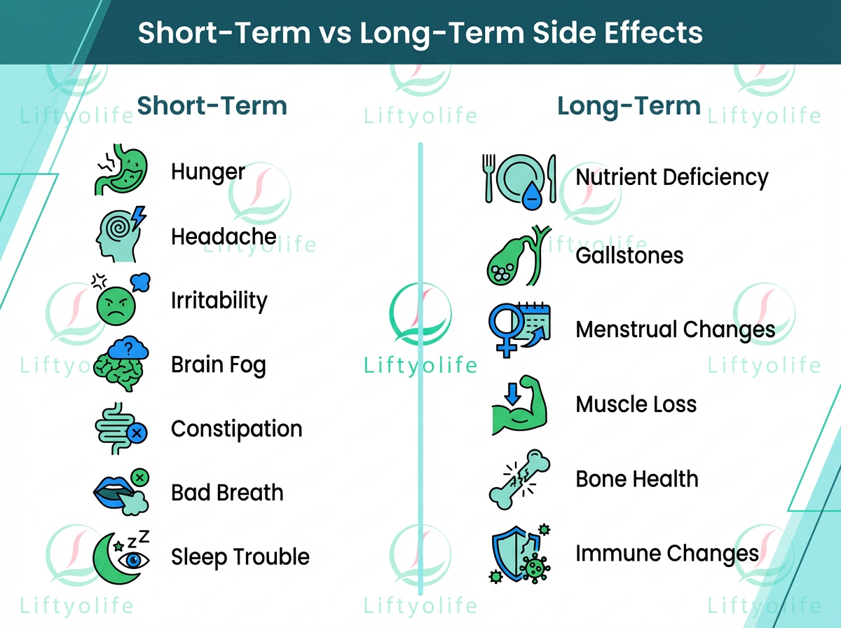 Side effect of fasting explained : Infographic timeline comparing short-term and long-term side effects of fasting.