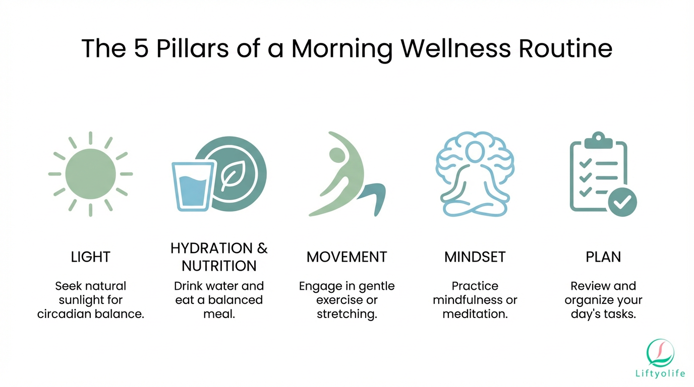 Infographic of the five pillars of a morning wellness routine