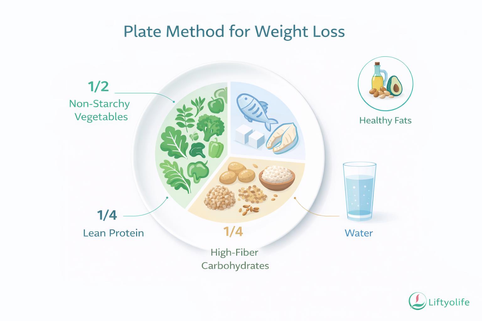 Weight-loss plate method portions: vegetables, protein, high-fiber carbs, healthy fats