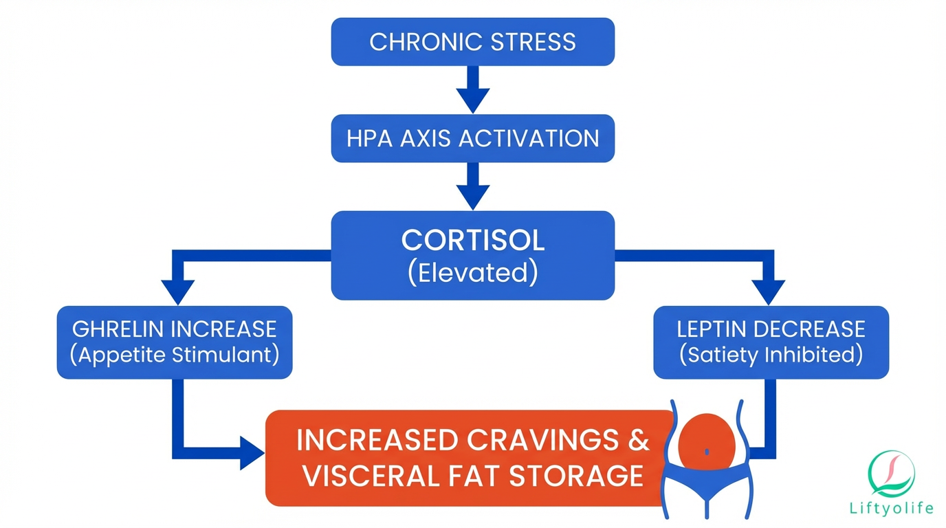 Does Stress Make You Fat explanation: Stress cortisol loop diagram leading to cravings, poor sleep, insulin resistance and belly fat