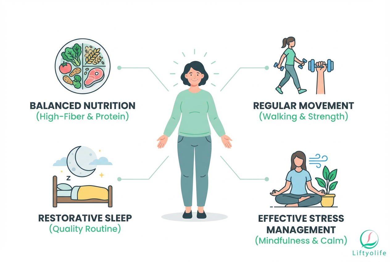 Illustration of diet, exercise, sleep, and stress habits to reduce visceral fat