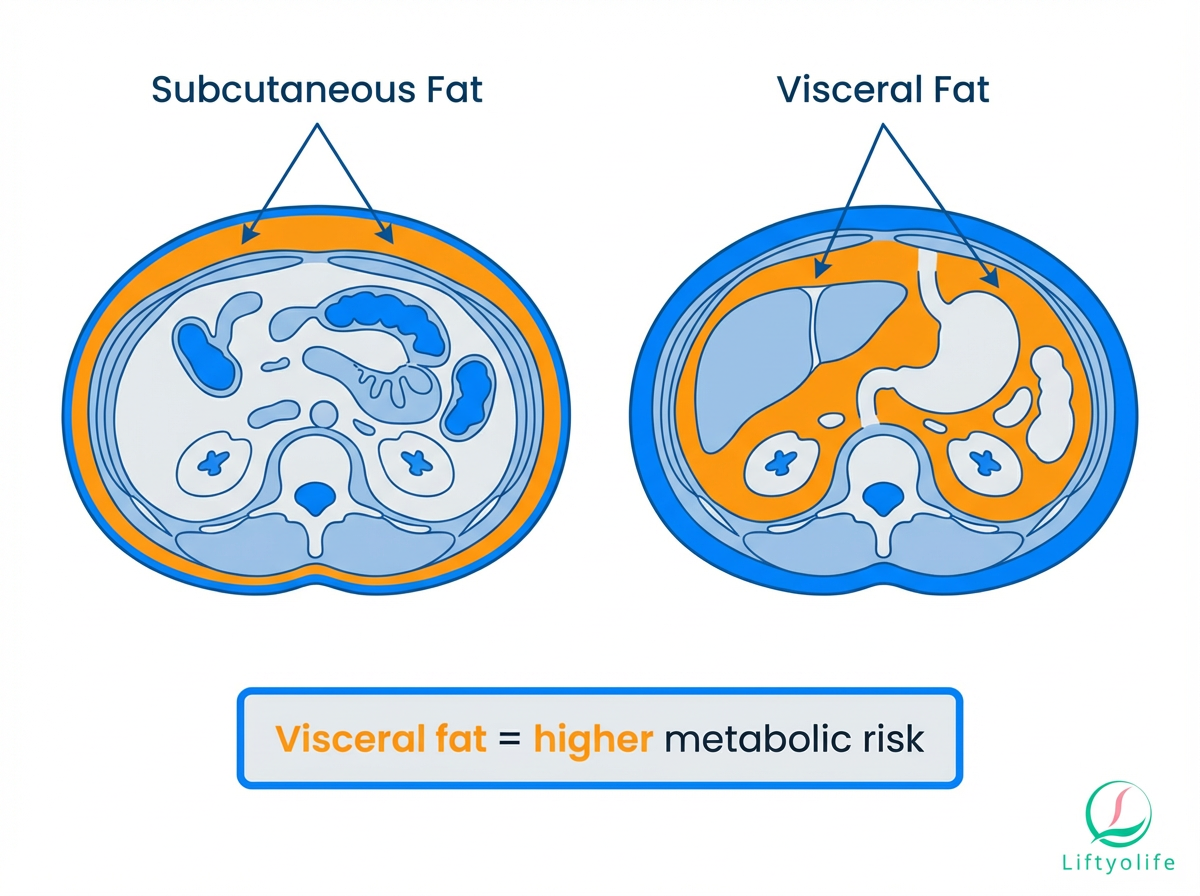 Diagram comparing visceral fat vs subcutaneous fat in the abdomen